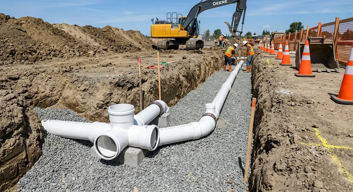 New PVC sewer pipe installation in open trench for Commercial Drain Cleaning in New Kensington