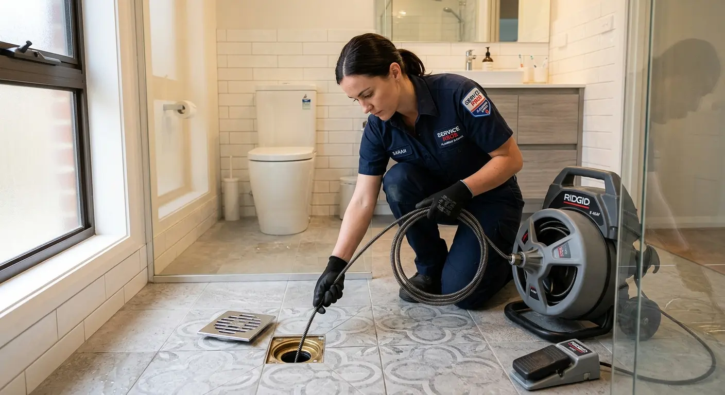 Technician clearing a bathroom floor drain for Clogged Drain Repair in New Kensington